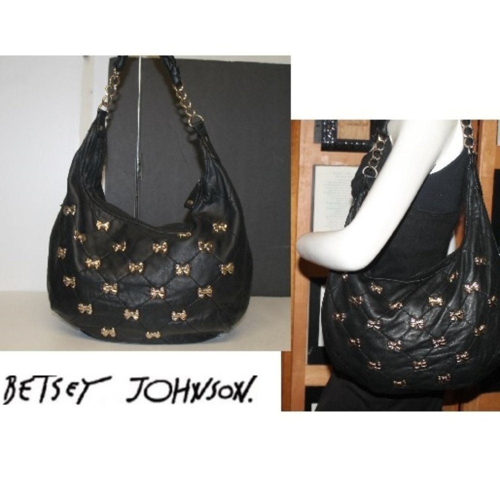 Betsey Johnson Lambskin Leather Gold Bow Applique Chain Strap Hobo Shoulder Bag